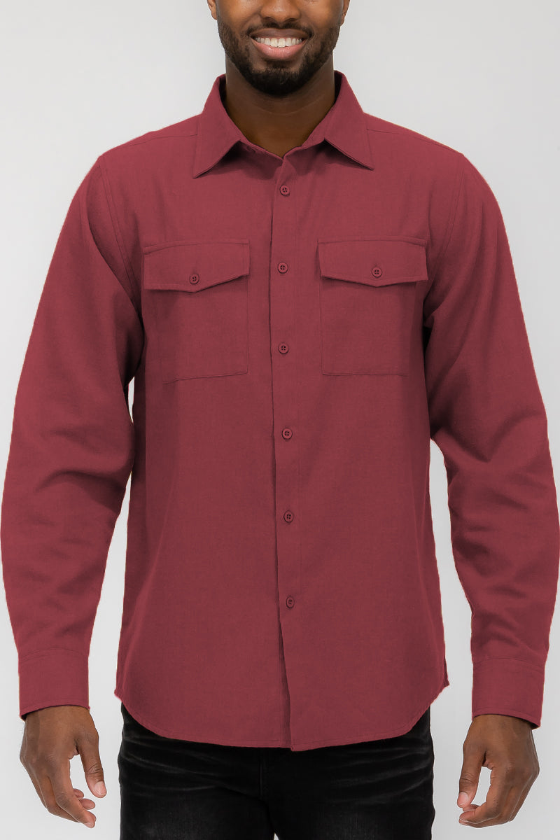 Brushed Solid Dual Pocket Flannel Shirt