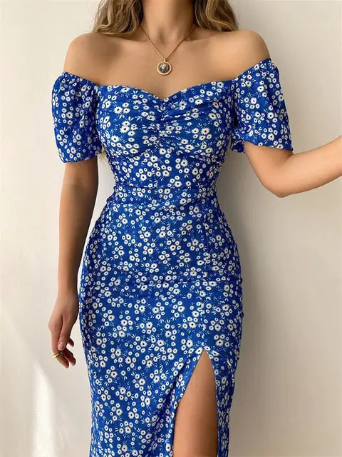 Floral Print Short Sleeve Hip Wrap Party Dress - Variety Products Market