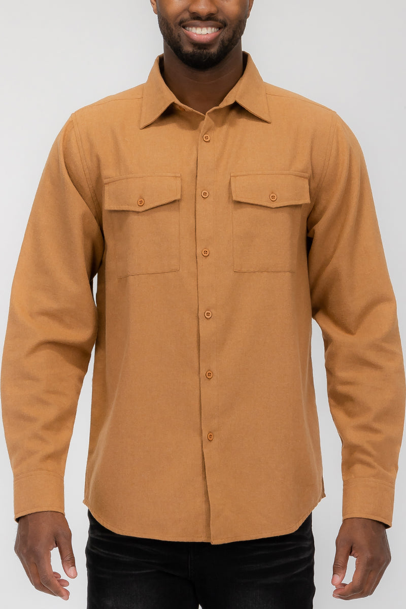 Brushed Solid Dual Pocket Flannel Shirt