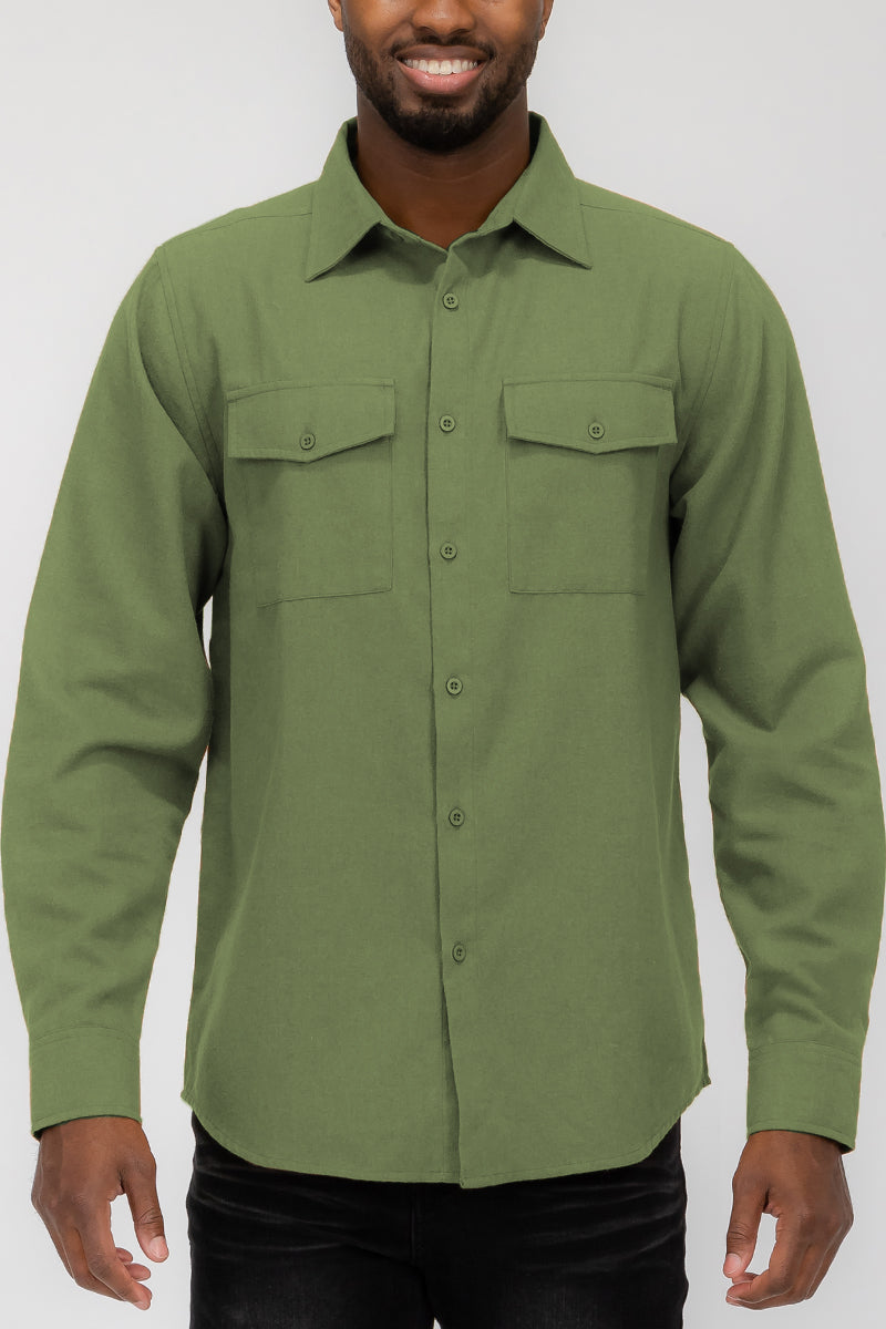 Brushed Solid Dual Pocket Flannel Shirt