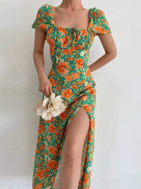 Floral Print Short Sleeve Hip Wrap Party Dress - Variety Products Market