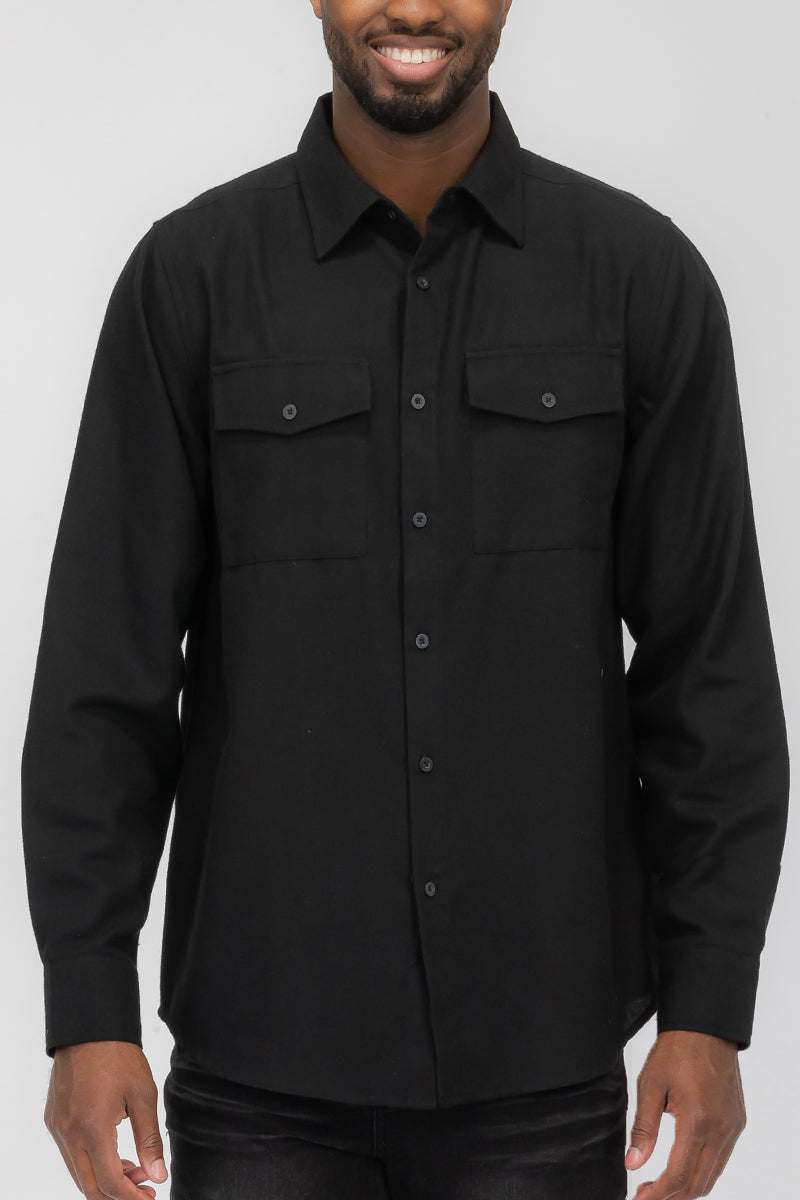 Brushed Solid Dual Pocket Flannel Shirt