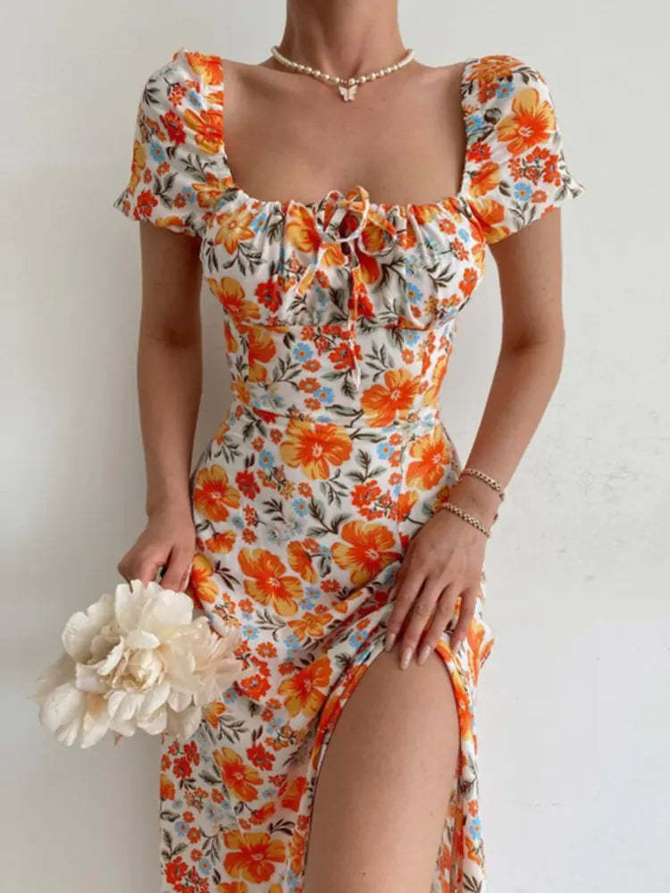 Floral Print Short Sleeve Hip Wrap Party Dress - Variety Products Market