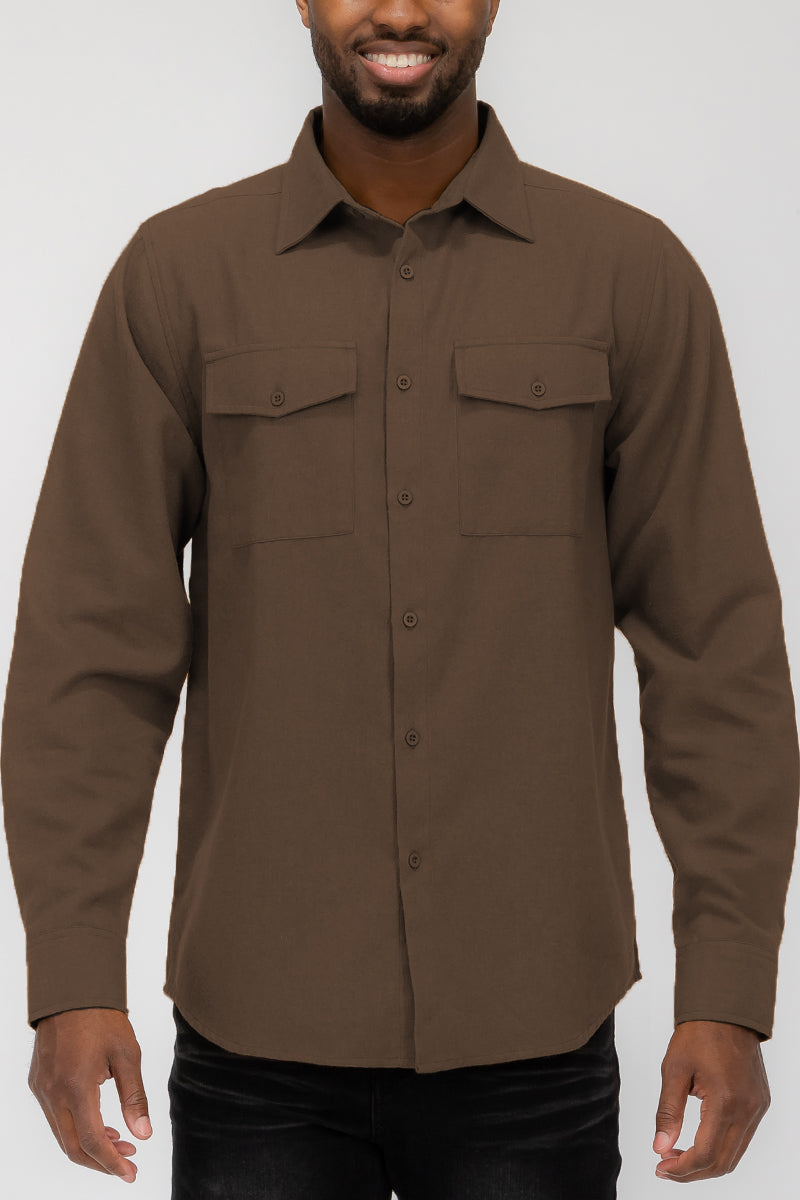 Brushed Solid Dual Pocket Flannel Shirt