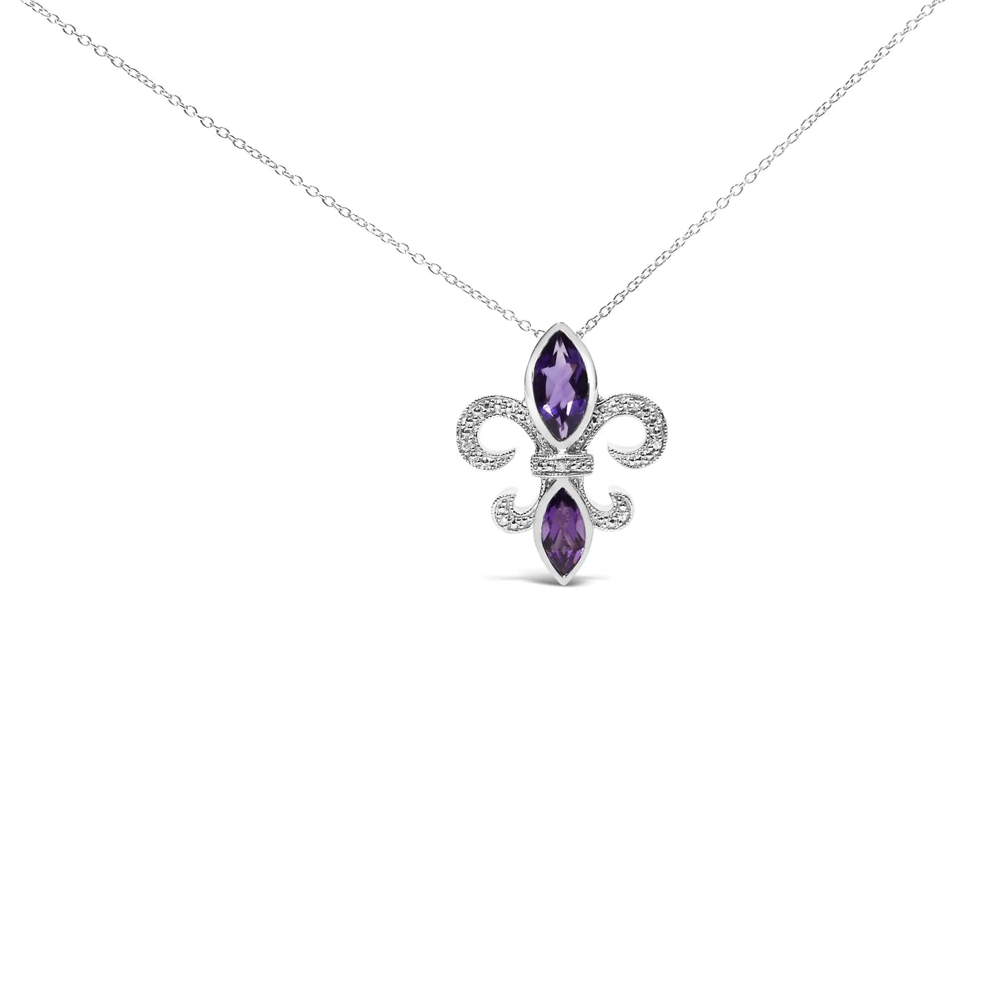 Purple Amethyst Marquise and Diamond Accent - .925 Sterling Silver - Fleur De Lis Pendant Necklace (H-I Color, SI1-SI2 Clarity) - Size 18" - Variety Products Market