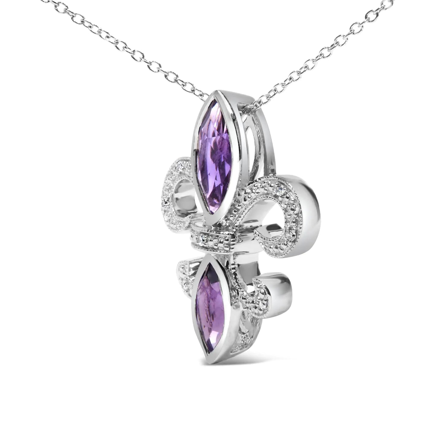 Purple Amethyst Marquise and Diamond Accent - .925 Sterling Silver - Fleur De Lis Pendant Necklace (H-I Color, SI1-SI2 Clarity) - Size 18" - Variety Products Market