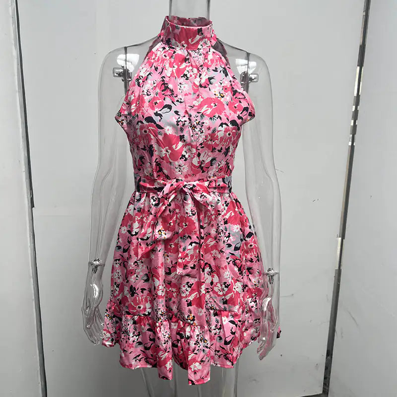 New Flowers Print Halterneck Dress Summer Fashion Temperament Lace-up Ruffled Dresses For Women - Variety Products Market