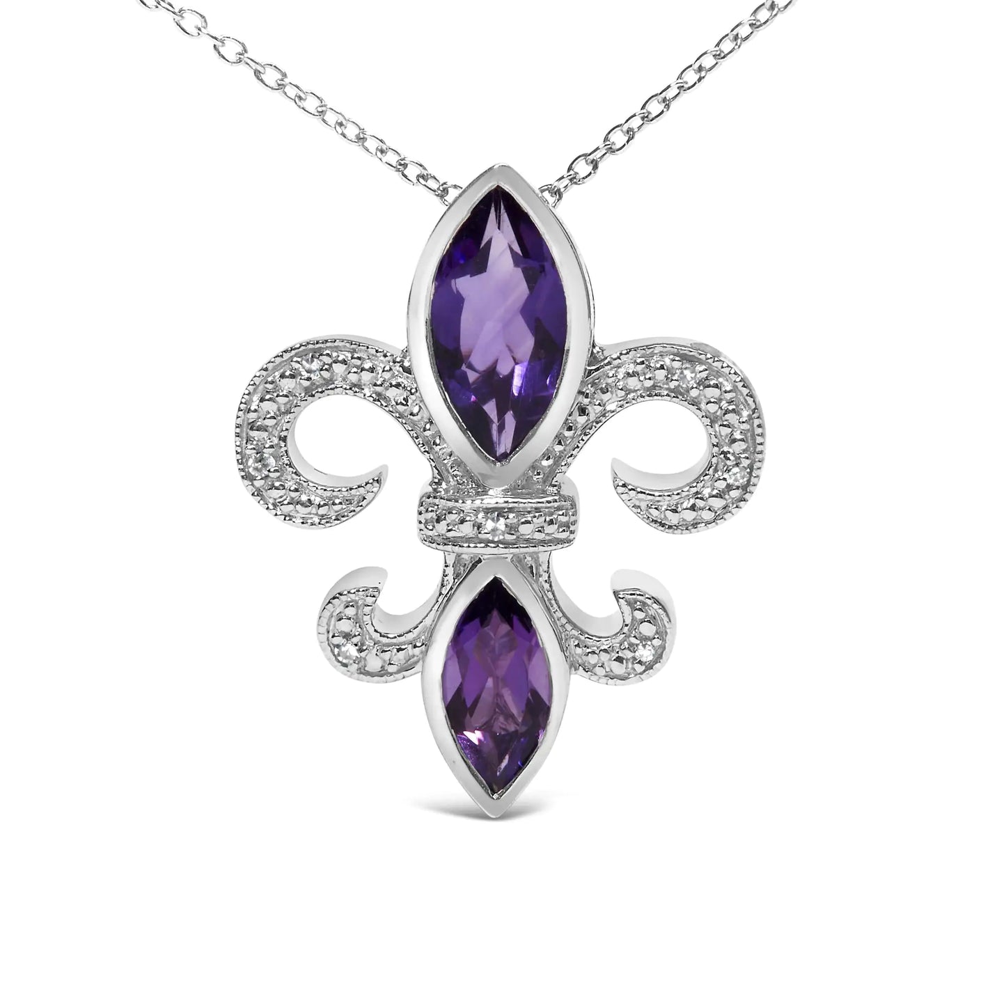 Purple Amethyst Marquise and Diamond Accent - .925 Sterling Silver - Fleur De Lis Pendant Necklace (H-I Color, SI1-SI2 Clarity) - Size 18" - Variety Products Market