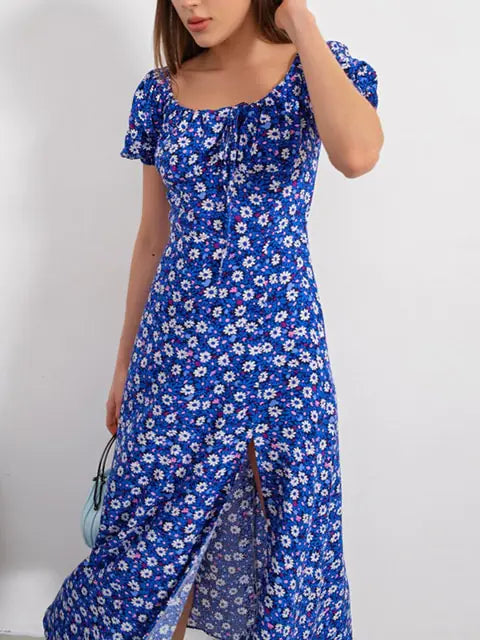 Floral Print Short Sleeve Hip Wrap Party Dress - Variety Products Market