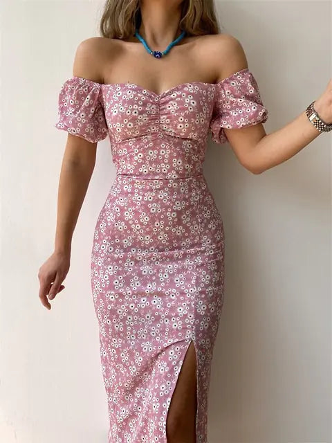 Floral Print Short Sleeve Hip Wrap Party Dress - Variety Products Market