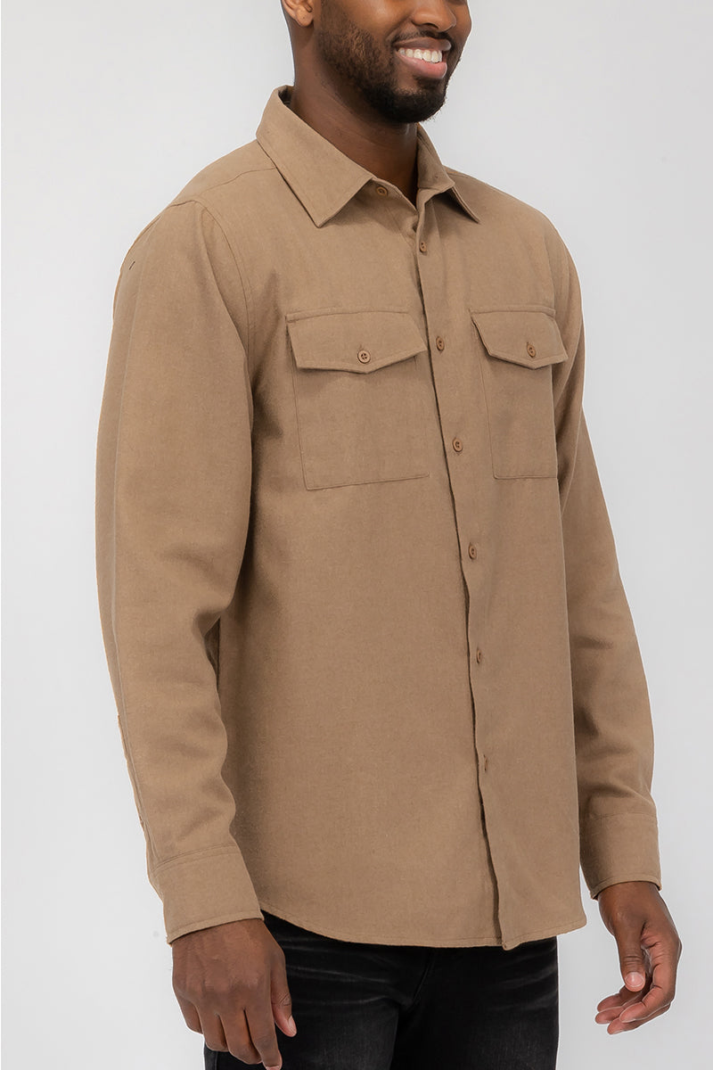 Brushed Solid Dual Pocket Flannel Shirt