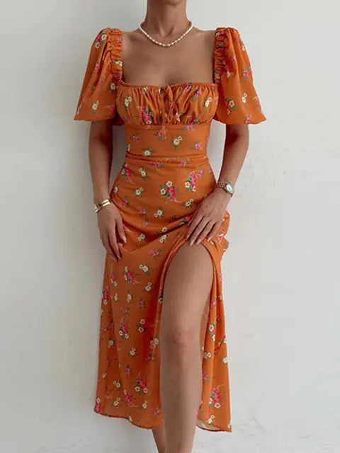 Floral Print Short Sleeve Hip Wrap Party Dress - Variety Products Market