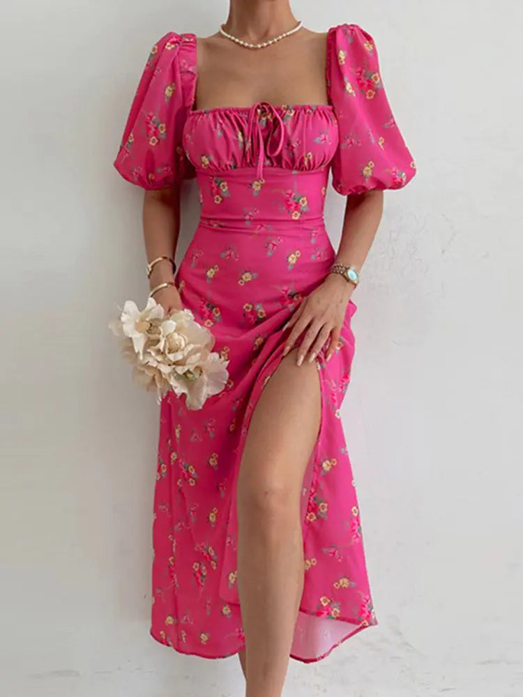 Floral Print Short Sleeve Hip Wrap Party Dress - Variety Products Market