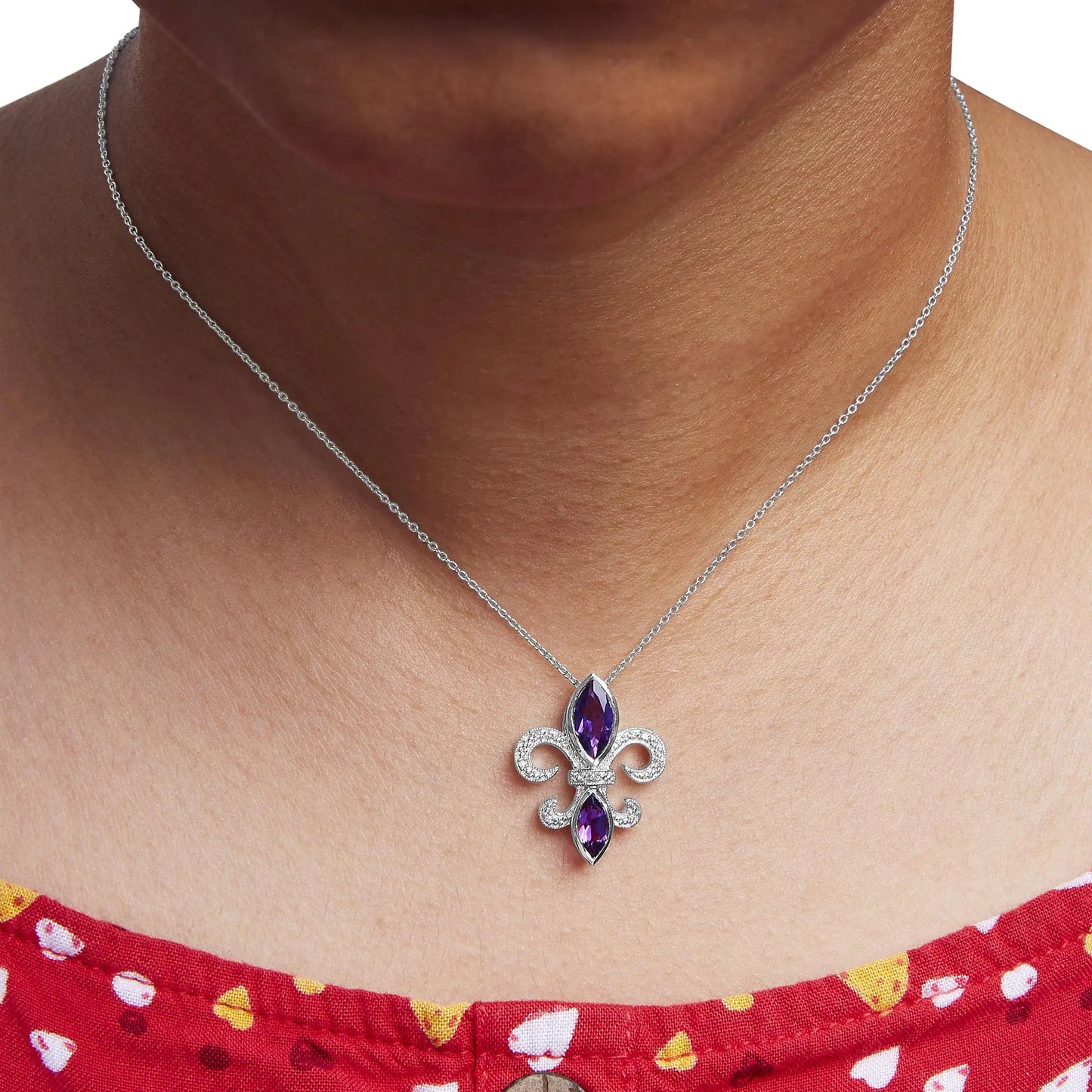 Purple Amethyst Marquise and Diamond Accent - .925 Sterling Silver - Fleur De Lis Pendant Necklace (H-I Color, SI1-SI2 Clarity) - Size 18" - Variety Products Market