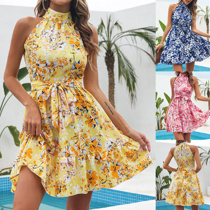 New Flowers Print Halterneck Dress Summer Fashion Temperament Lace-up Ruffled Dresses For Women - Variety Products Market