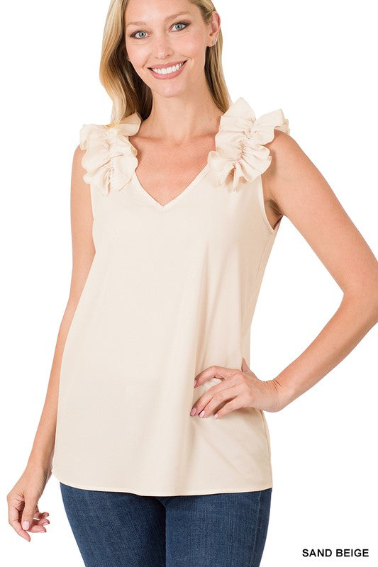 Woven Wool Dobby Ruffle Trim Sleeveless Top - Variety Products Market