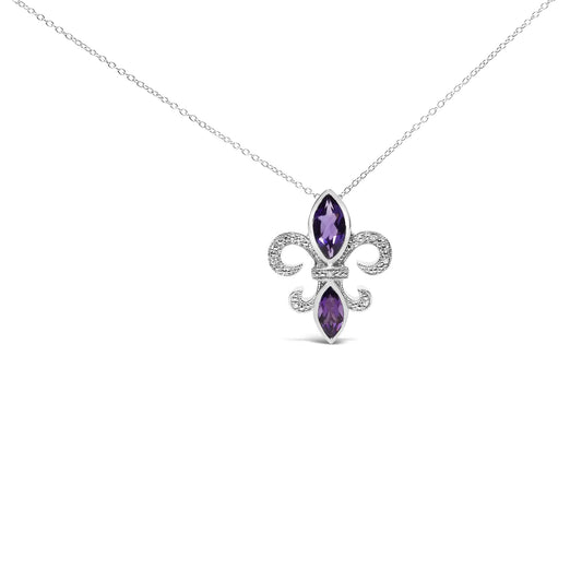 Purple Amethyst Marquise and Diamond Accent - .925 Sterling Silver - Fleur De Lis Pendant Necklace (H-I Color, SI1-SI2 Clarity) - Size 18" - Variety Products Market