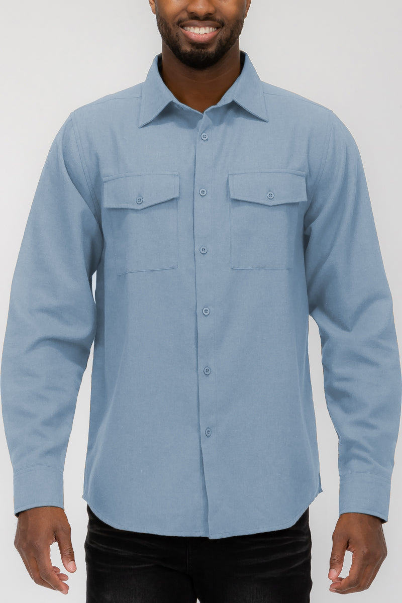 Brushed Solid Dual Pocket Flannel Shirt