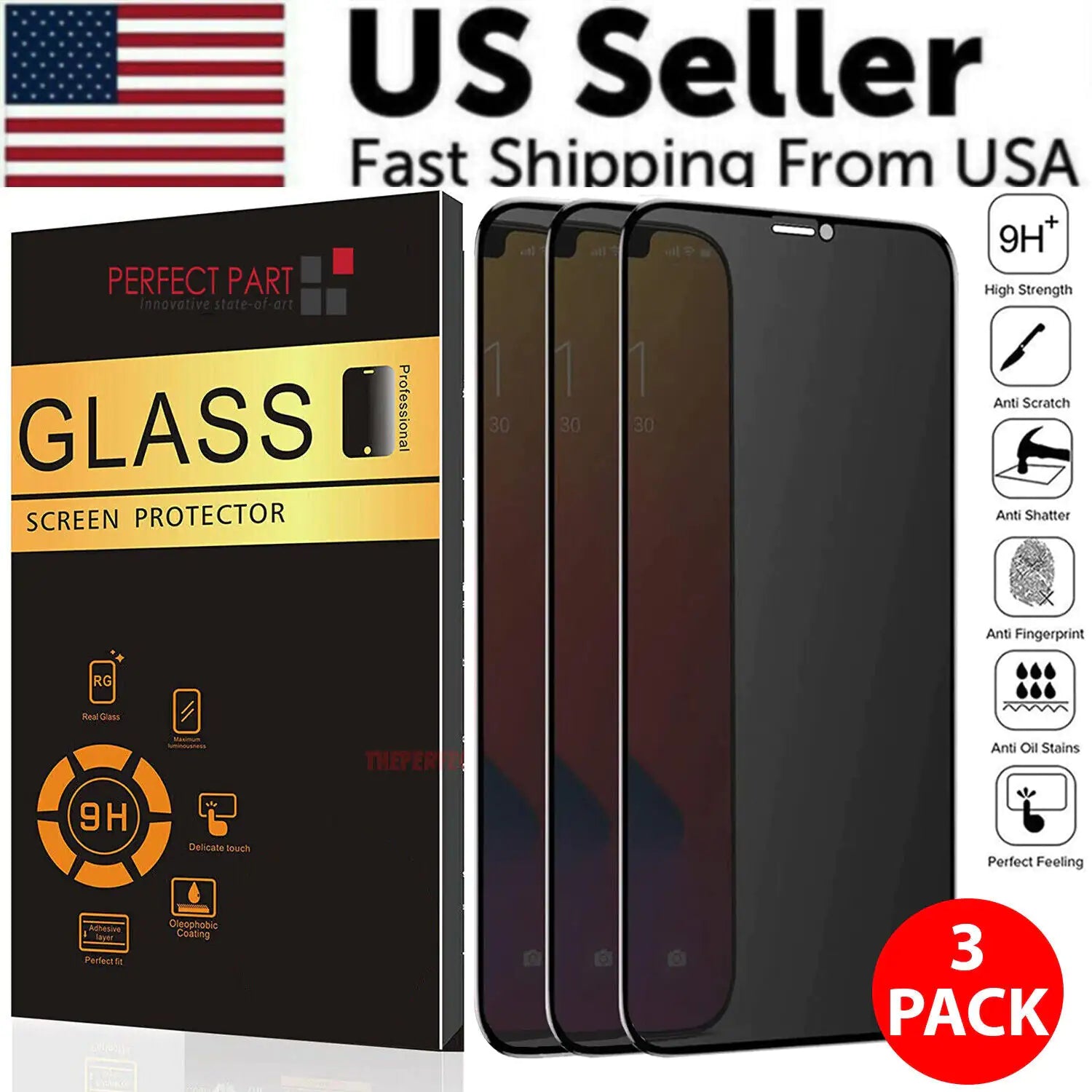 3 Pack For iPhone 15 14 13 12 11 Pro Max Privacy Tempered Glass Screen Protector - Variety Products Market
